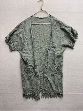 Valentina Naldi | Light Sage Crochet Trim Open Kimono one size linen